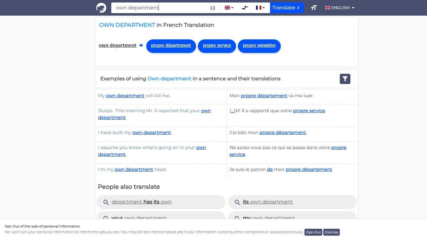 Own Department French Translation - Examples Of Use Own Department In A ...